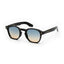 Black acetate sunglasses with gradient blue and brown lenses on a white background