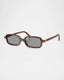 Rectangular tortoiseshell sunglasses with dark lenses and gold accents on the temples