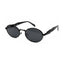 Black oval sunglasses with dark lenses and unique zigzag arms on white background