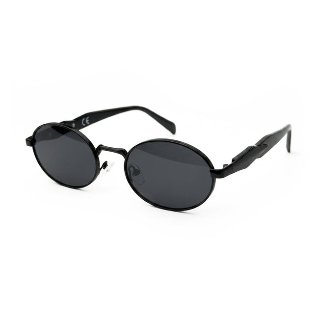 Black oval sunglasses with dark lenses and unique zigzag arms on white background Hover Image