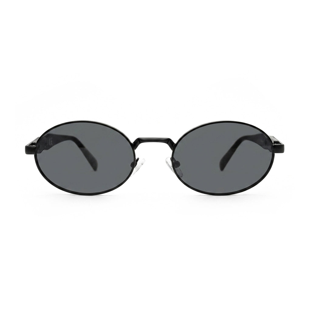 Black oval sunglasses with dark lenses on white background