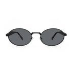 Black oval sunglasses with dark lenses on white background