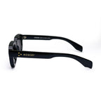 Black MOSCOT acetate sunglasses side view, gold logo on temple, UV protection