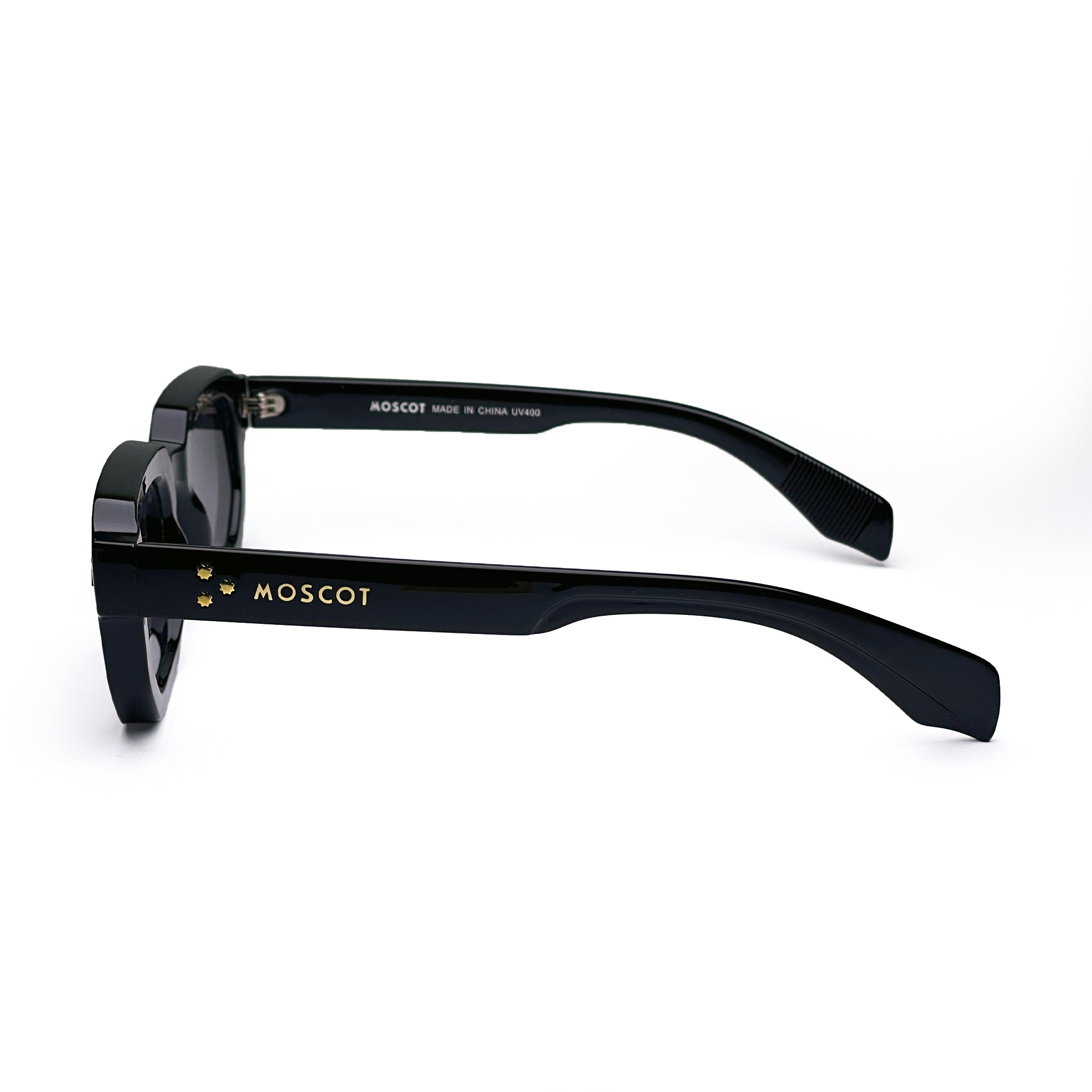 Black MOSCOT acetate sunglasses side view, gold logo on temple, UV protection