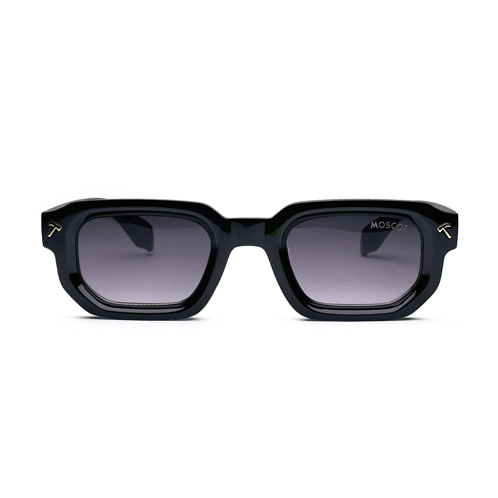Black square acetate sunglasses with MOSCOT logo and dark lenses on white background