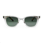 Clear frame sunglasses with green lenses, classic square style eyewear on white background