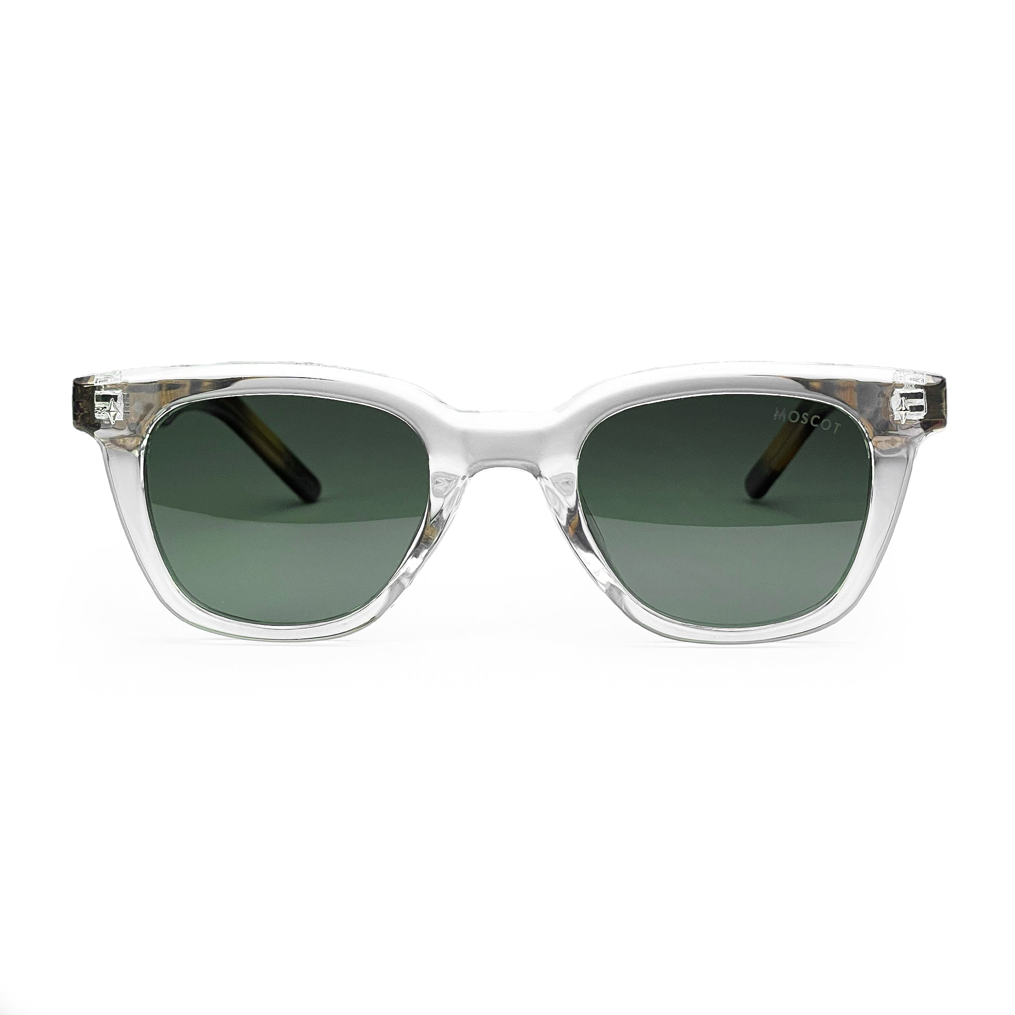 Clear frame sunglasses with green lenses, classic square style eyewear on white background