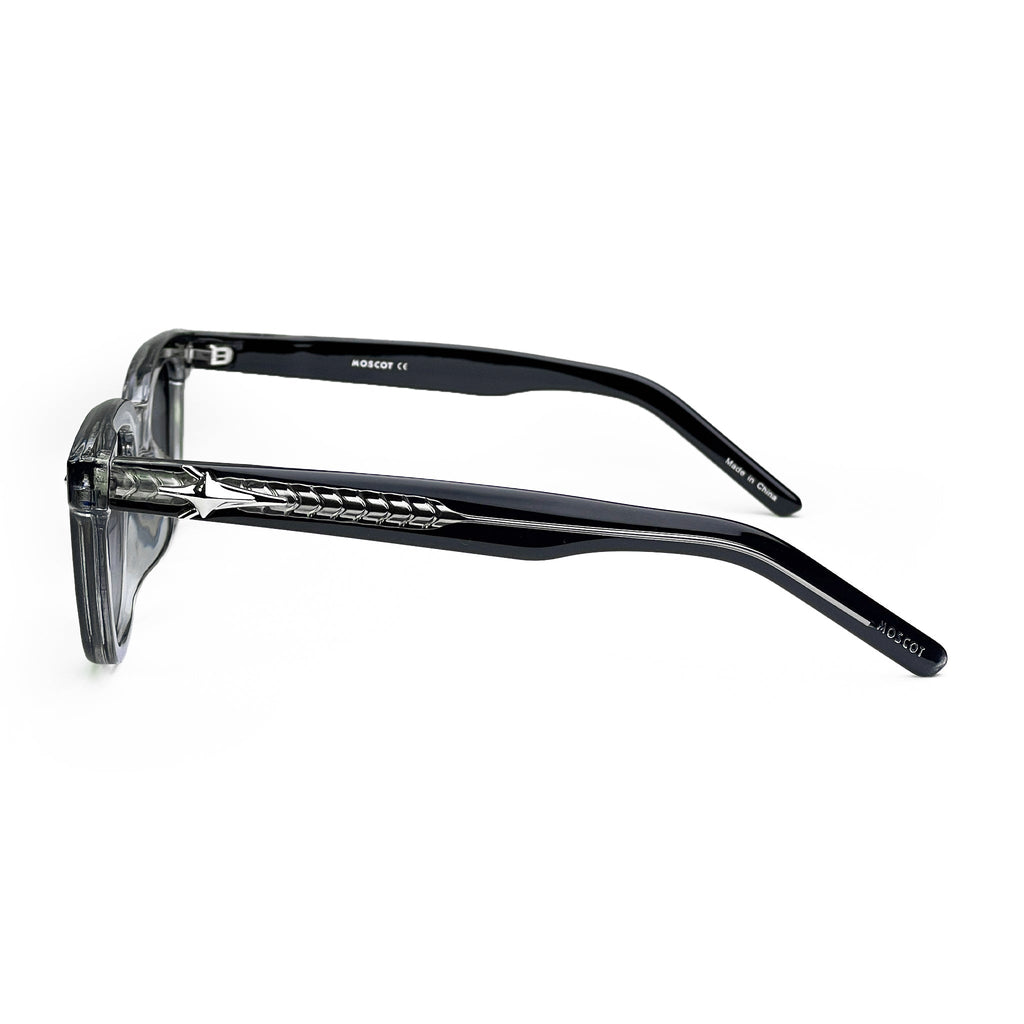 Black acetate eyeglasses with silver star detail on arms, side view on white background