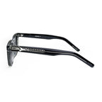 Black acetate eyeglasses with silver star detail on arms, side view on white background