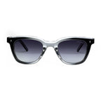 Black and clear acetate square sunglasses with gradient lenses on white background