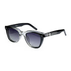 Black and clear square sunglasses with gradient lenses on white background
