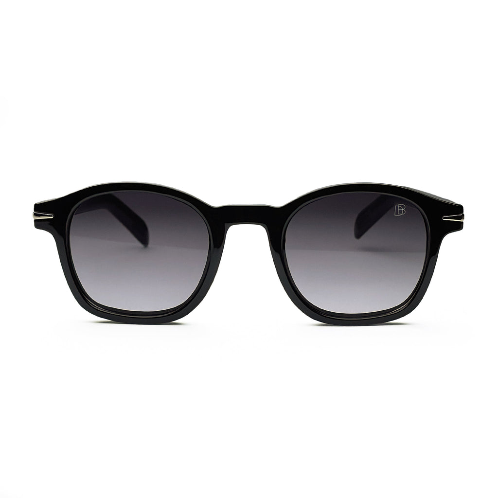 Black round sunglasses with dark lenses on white background, stylish eyewear accessory