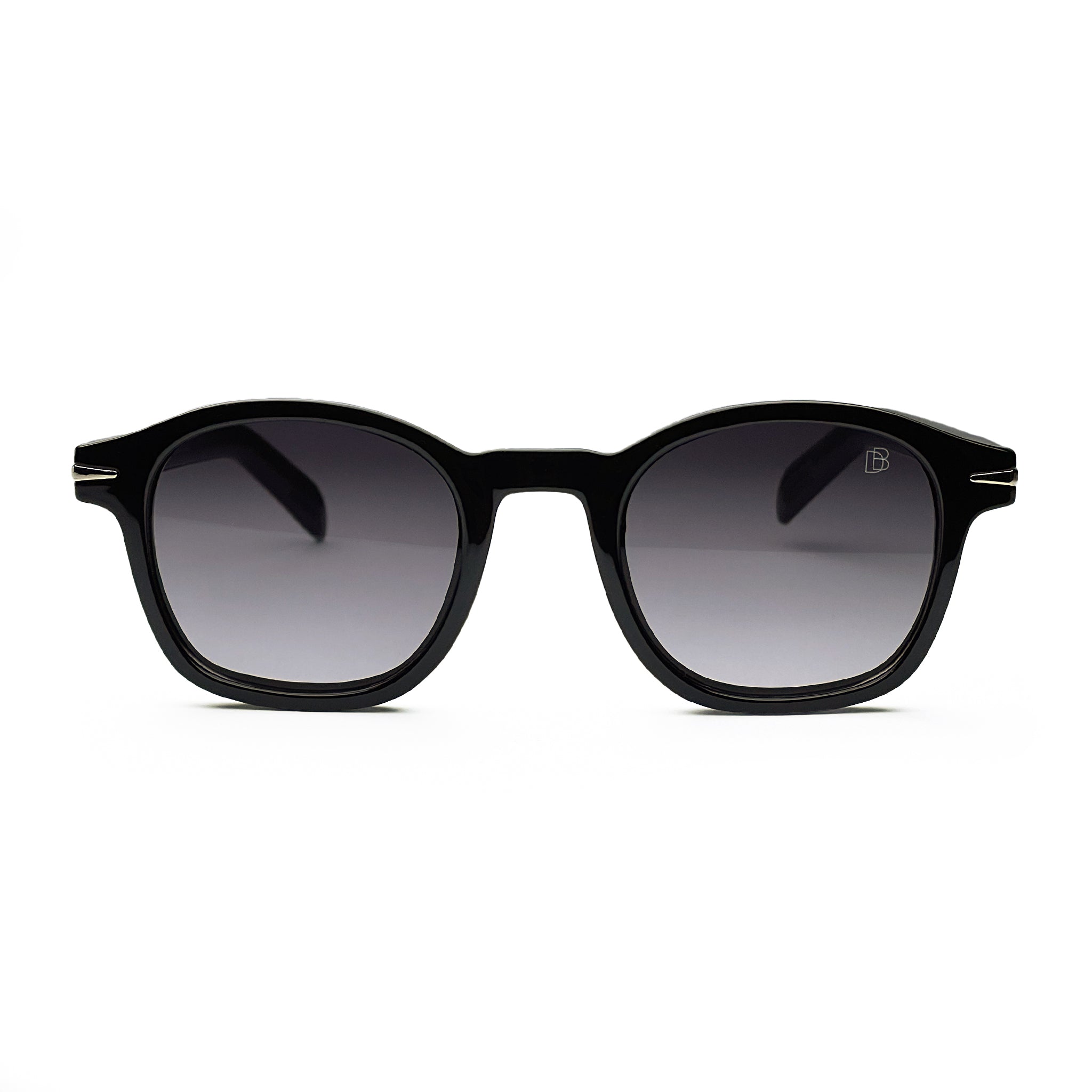 Black round sunglasses with dark lenses on white background, stylish eyewear accessory