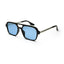Black square sunglasses with blue lenses and metal arms on white background