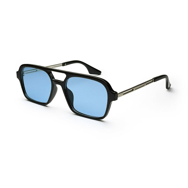 Black square sunglasses with blue lenses and metal arms on white background Hover Image