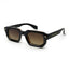 Black rectangular sunglasses with brown tinted lenses and gold MOSCOT logo on arms