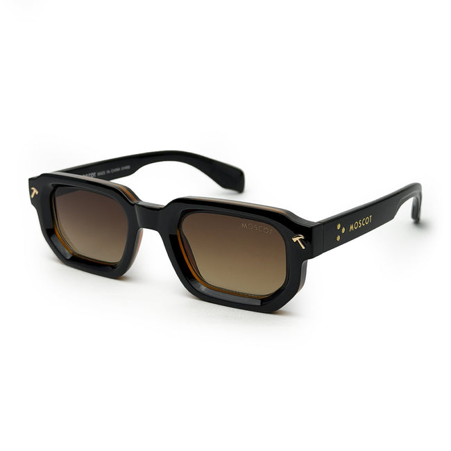 Black rectangular sunglasses with brown tinted lenses and gold MOSCOT logo on arms Hover Image