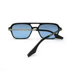 Black rectangular sunglasses with blue tinted lenses on a white background