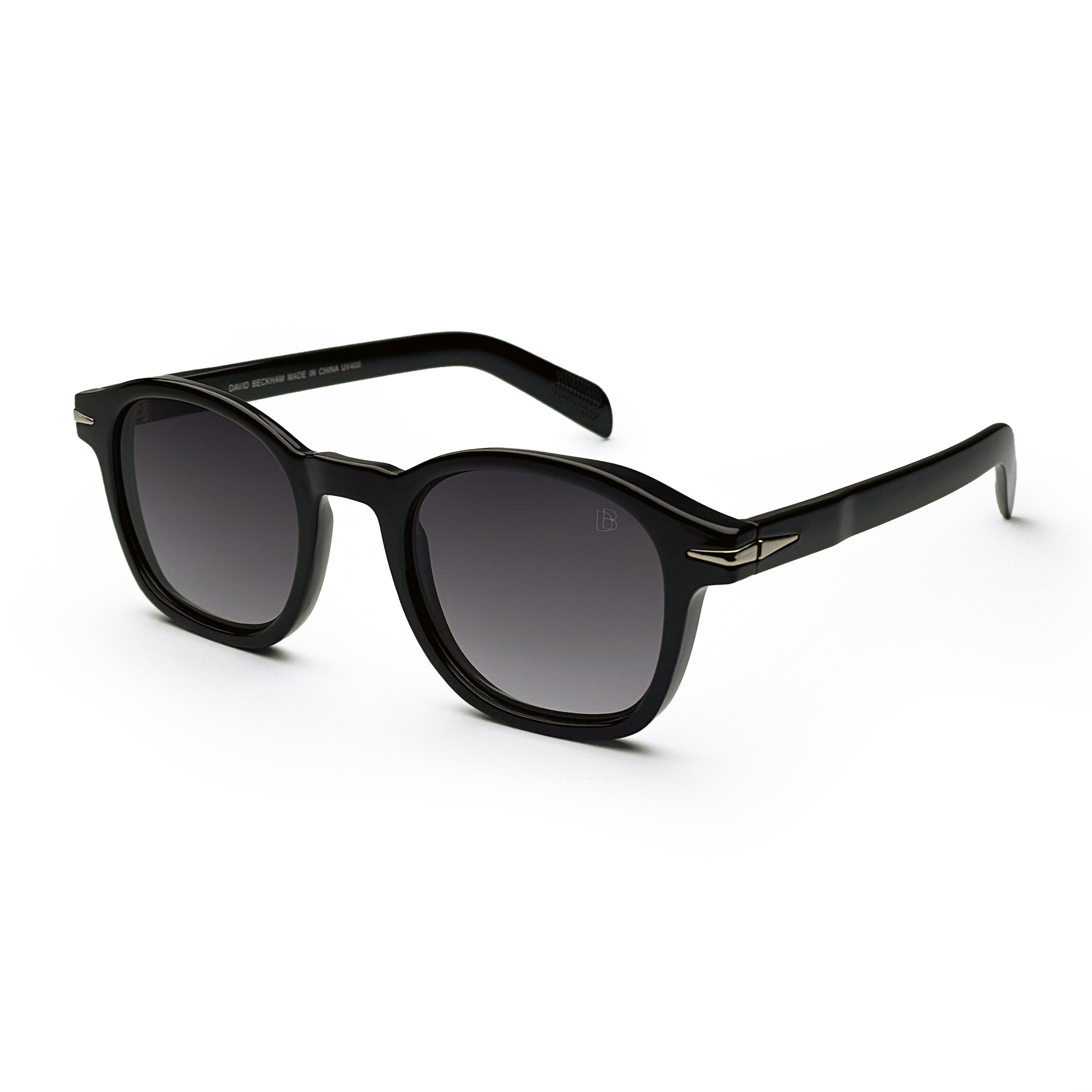 Black round sunglasses with gradient lenses and silver accents on the temples