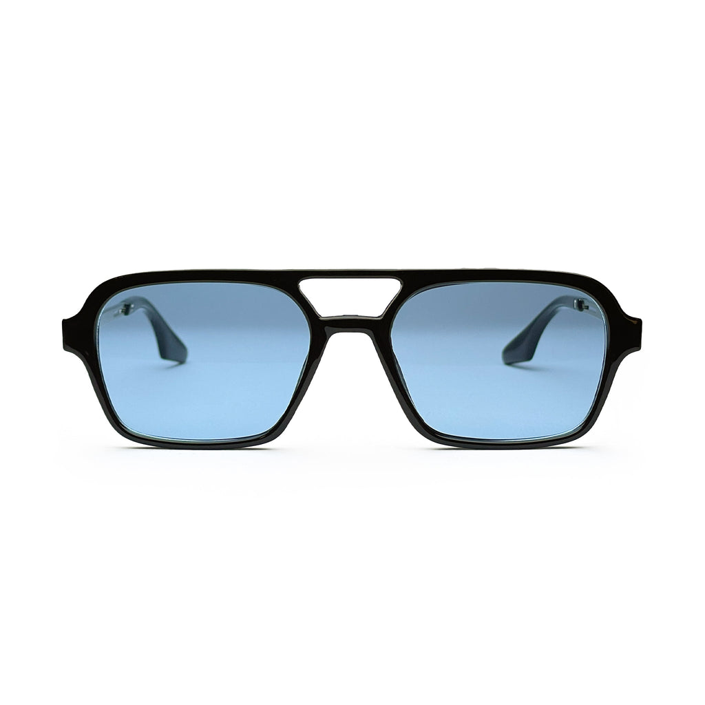 Black frame sunglasses with blue tinted square lenses on white background