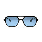 Black frame sunglasses with blue tinted square lenses on white background