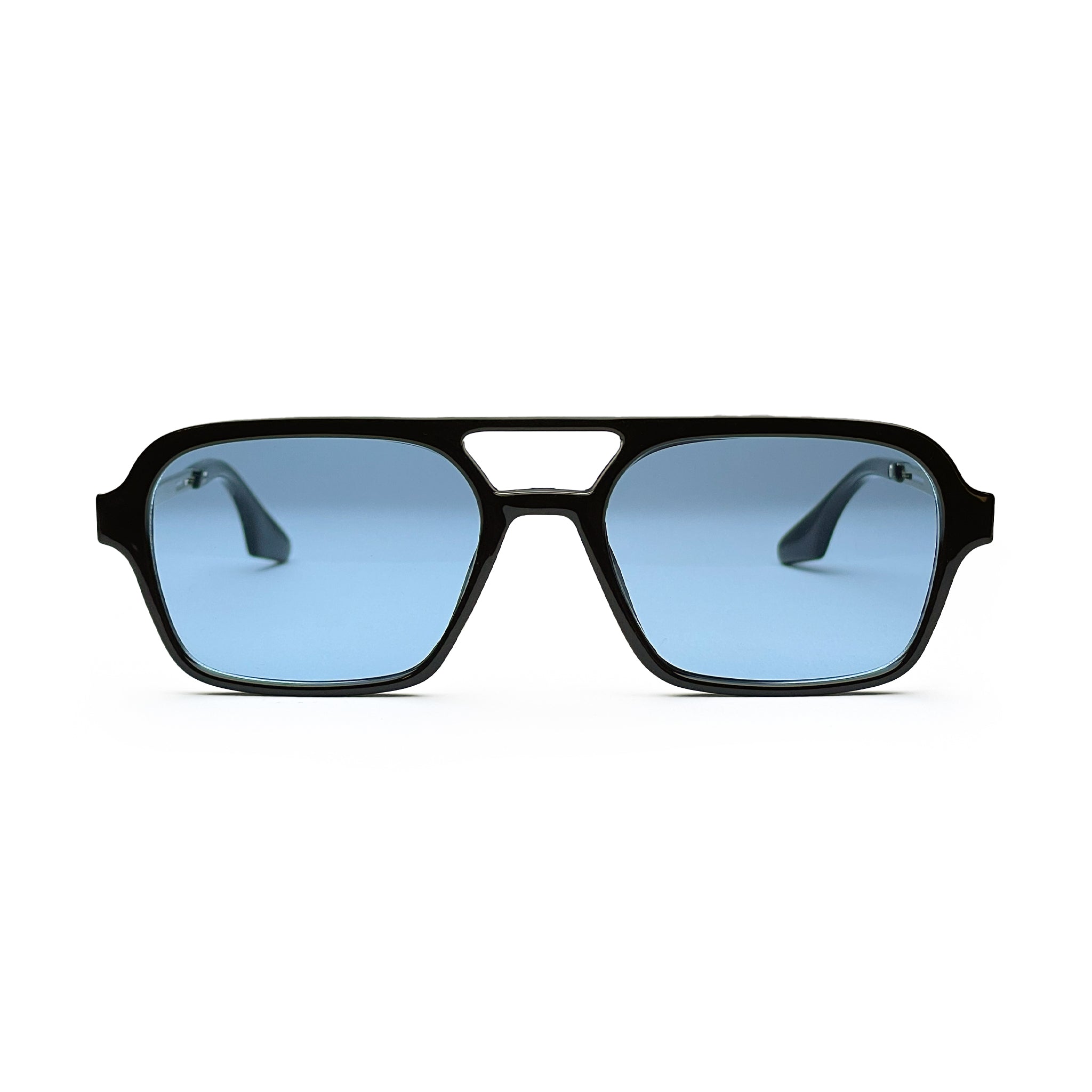 Black frame sunglasses with blue tinted square lenses on white background