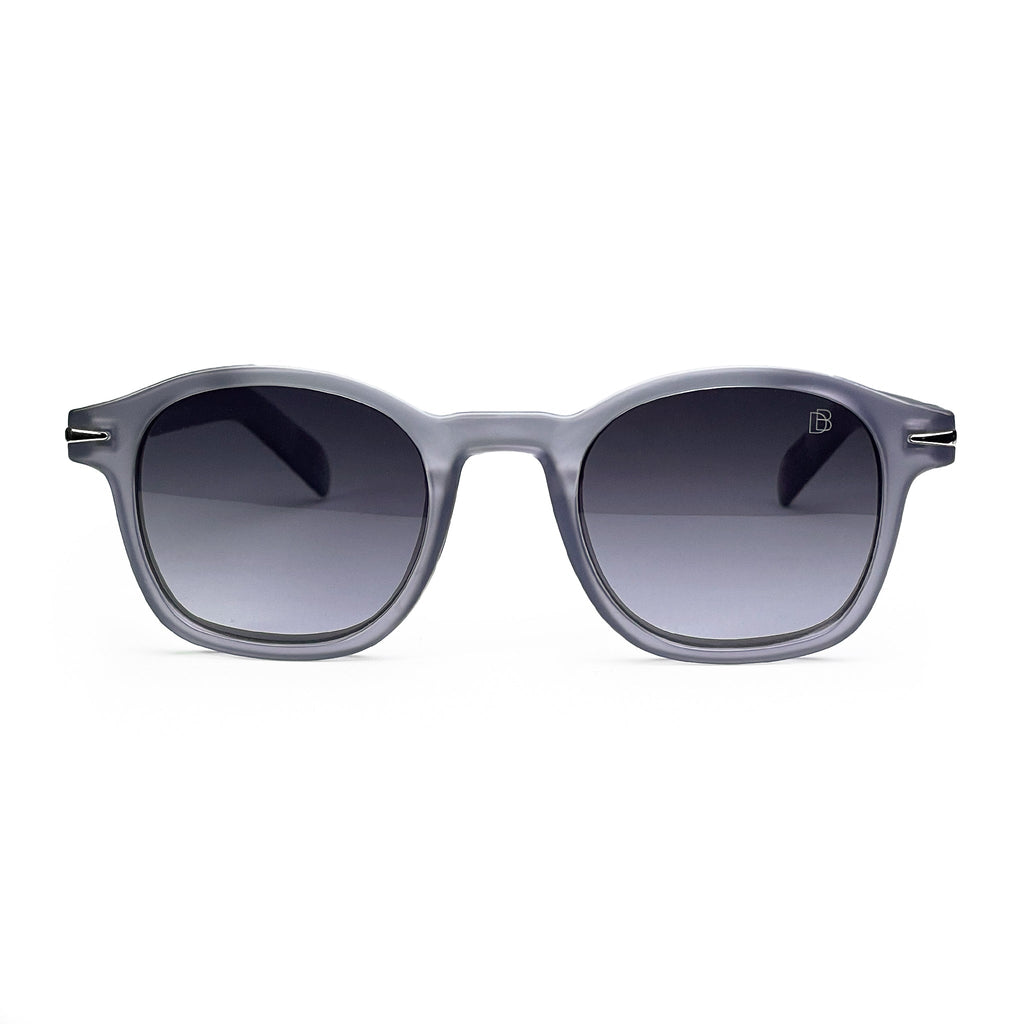 Round grey frame sunglasses with dark gradient lenses on white background