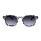 Round grey frame sunglasses with dark gradient lenses on white background