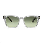Clear-frame square sunglasses with green tinted lenses on white background