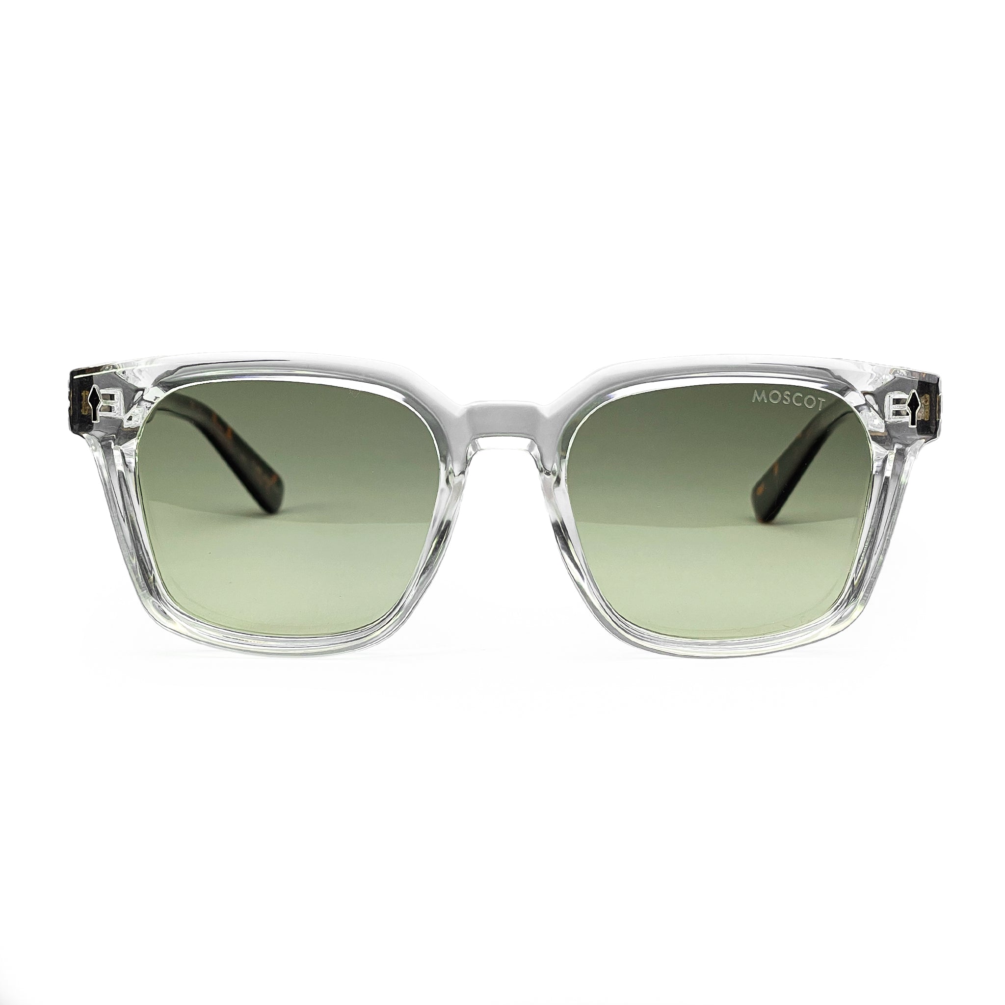 Clear-frame square sunglasses with green tinted lenses on white background