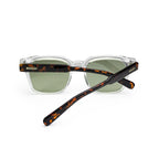 Clear square sunglasses with green lenses and tortoiseshell arms on white background