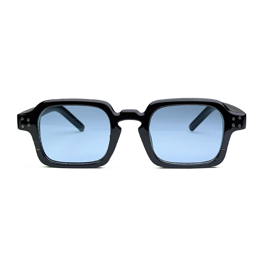 Black square sunglasses with thick frames and light blue tinted lenses on white background