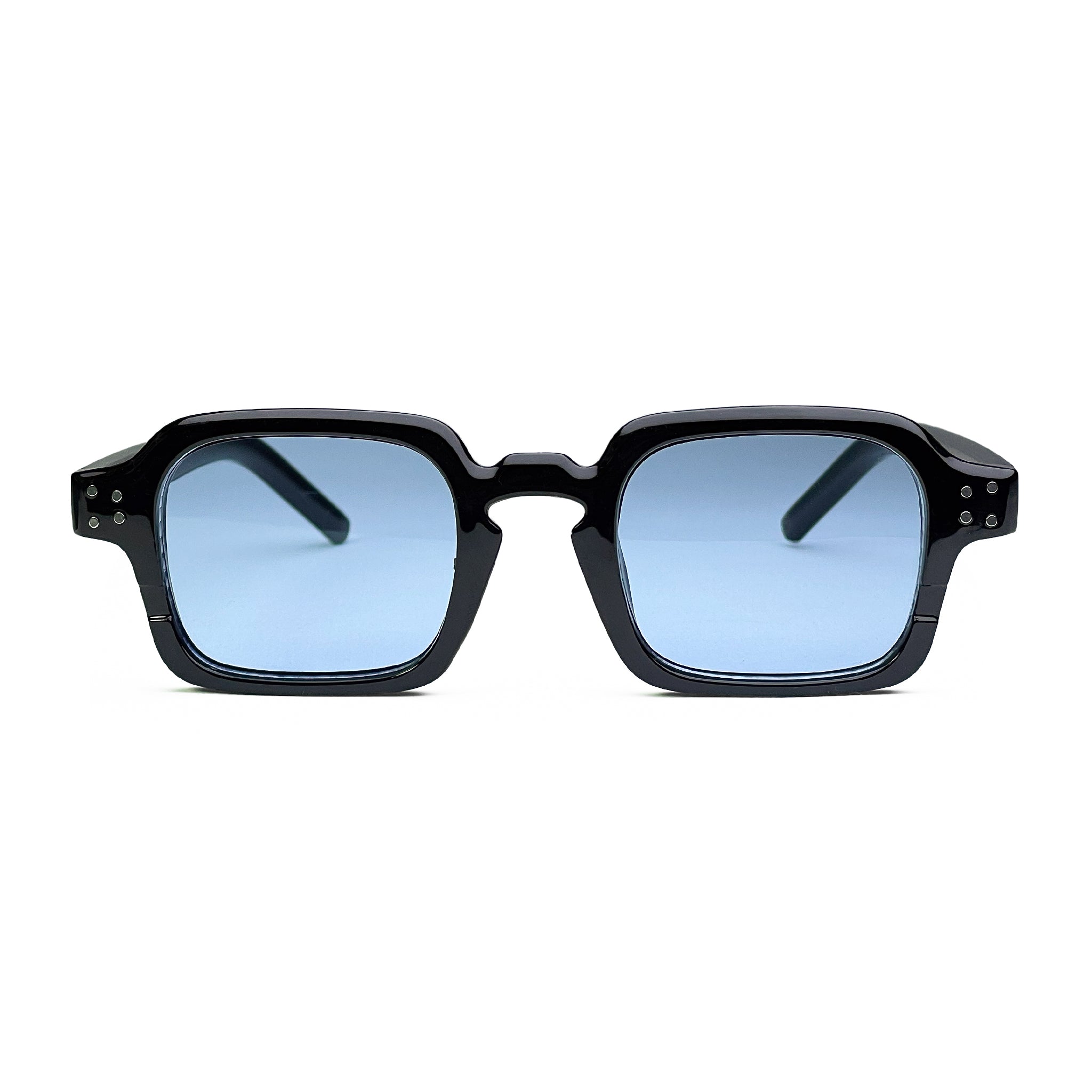 Black square sunglasses with thick frames and light blue tinted lenses on white background