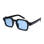 Black square sunglasses with blue lenses and thick acetate frame on white background