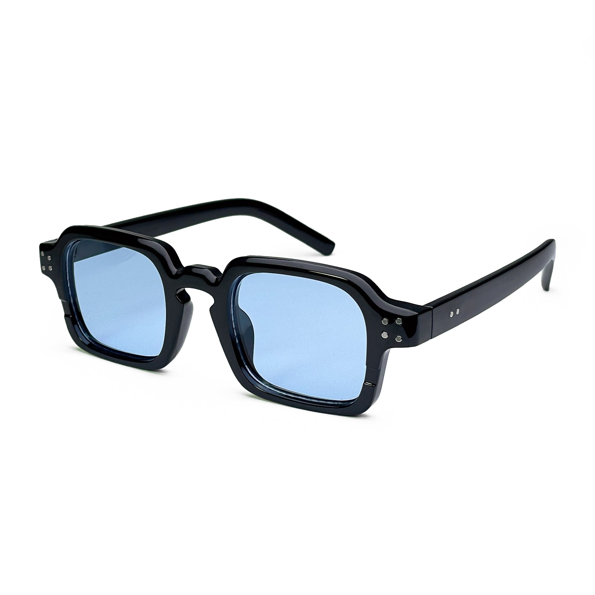Black square sunglasses with blue lenses and thick acetate frame on white background