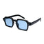 Black square sunglasses with blue lenses and thick acetate frame on white background