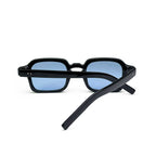 Black square frame sunglasses with blue lenses on white background