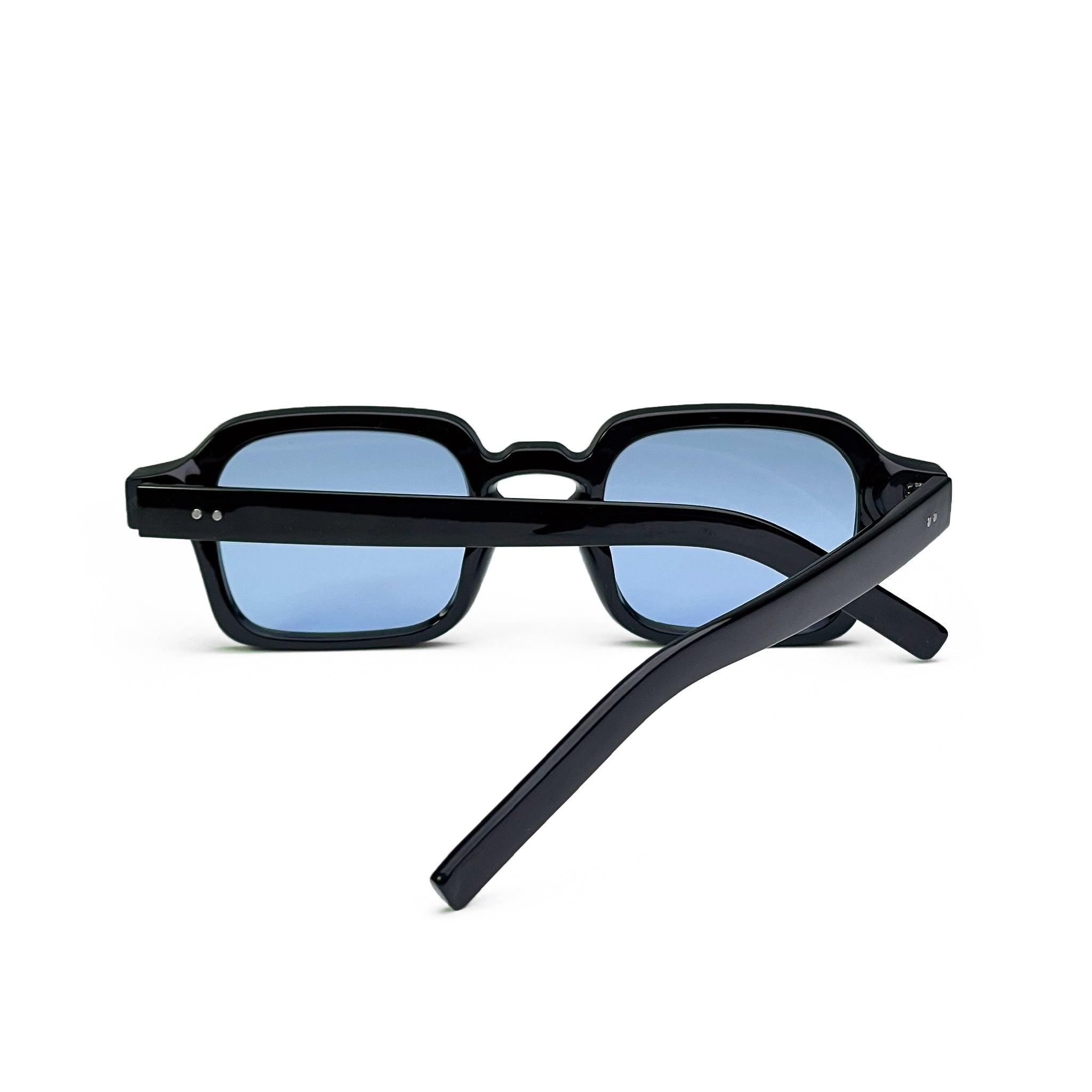 Black square frame sunglasses with blue lenses on white background