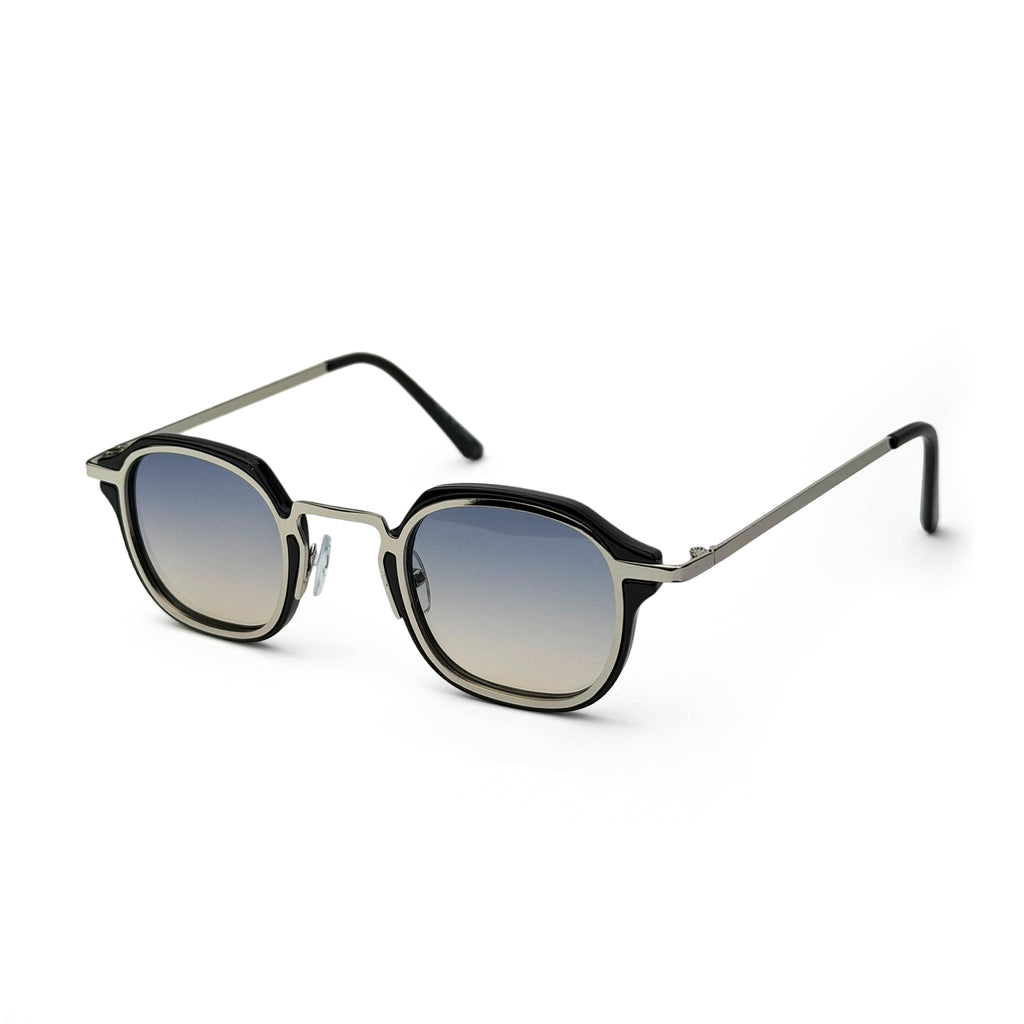 Square metal frame sunglasses with blue gradient lenses on white background