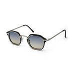 Square metal frame sunglasses with blue gradient lenses on white background