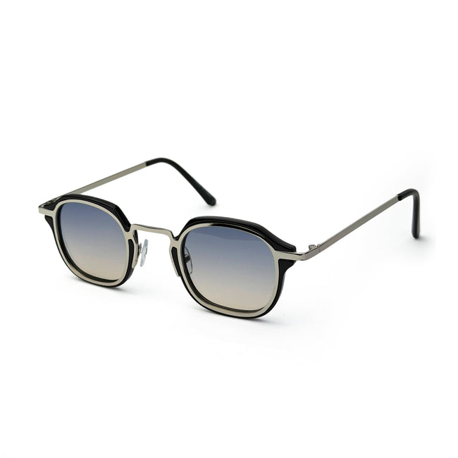 Square metal frame sunglasses with blue gradient lenses on white background Hover Image