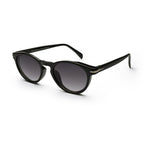 Black round sunglasses with dark gradient lenses on white background