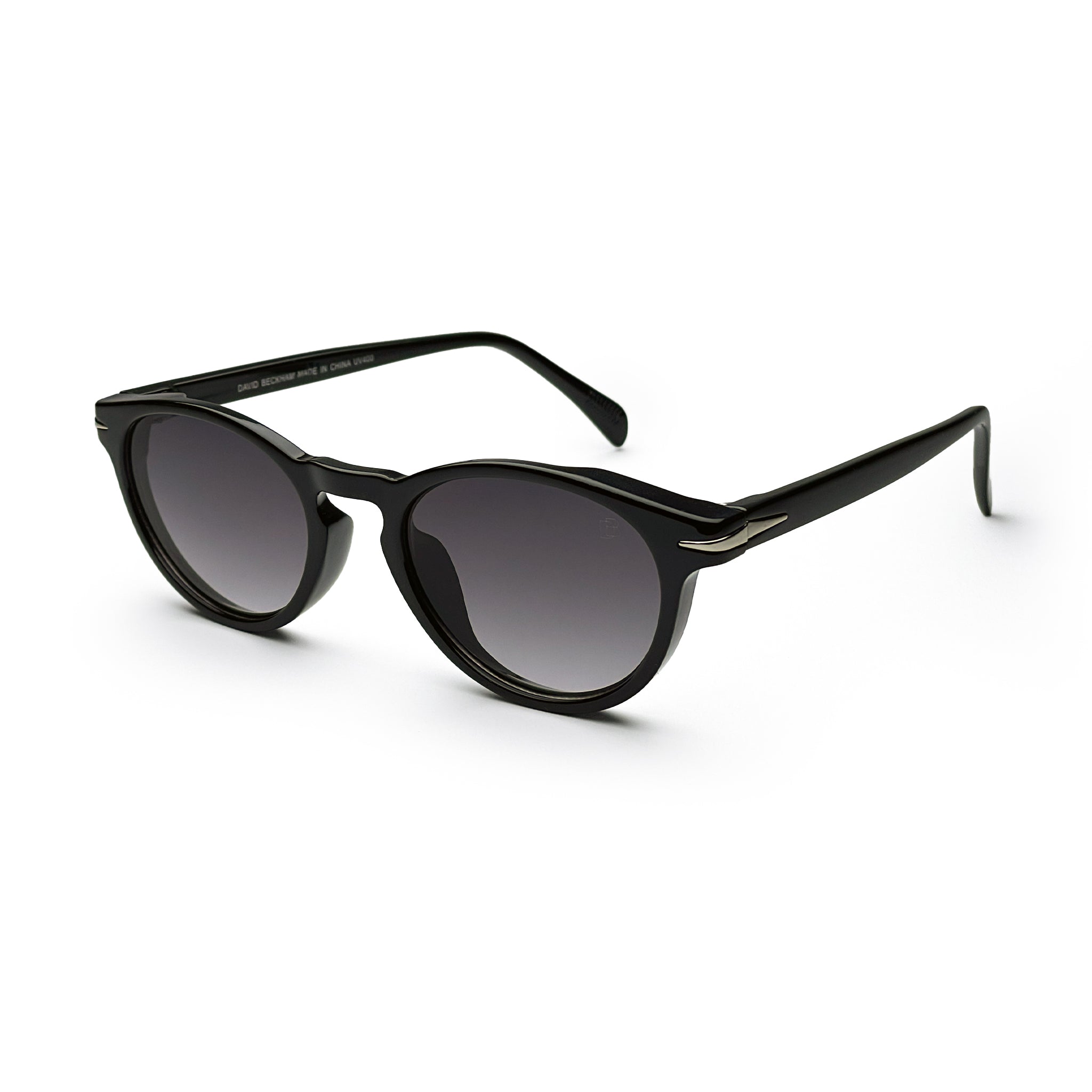 Black round sunglasses with dark gradient lenses on white background