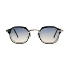 Square black frame sunglasses with gradient blue lenses, stylish eyewear on white background