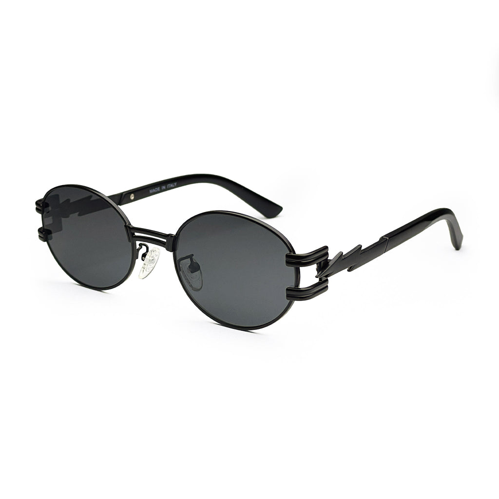 Black oval sunglasses with dark lenses and unique zigzag temple design on white background