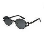 Black oval sunglasses with dark lenses and unique zigzag temple design on white background