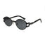 Black oval sunglasses with dark lenses and unique zigzag temple design on white background