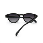 Black round sunglasses with dark gradient lenses, shown from the back on white background