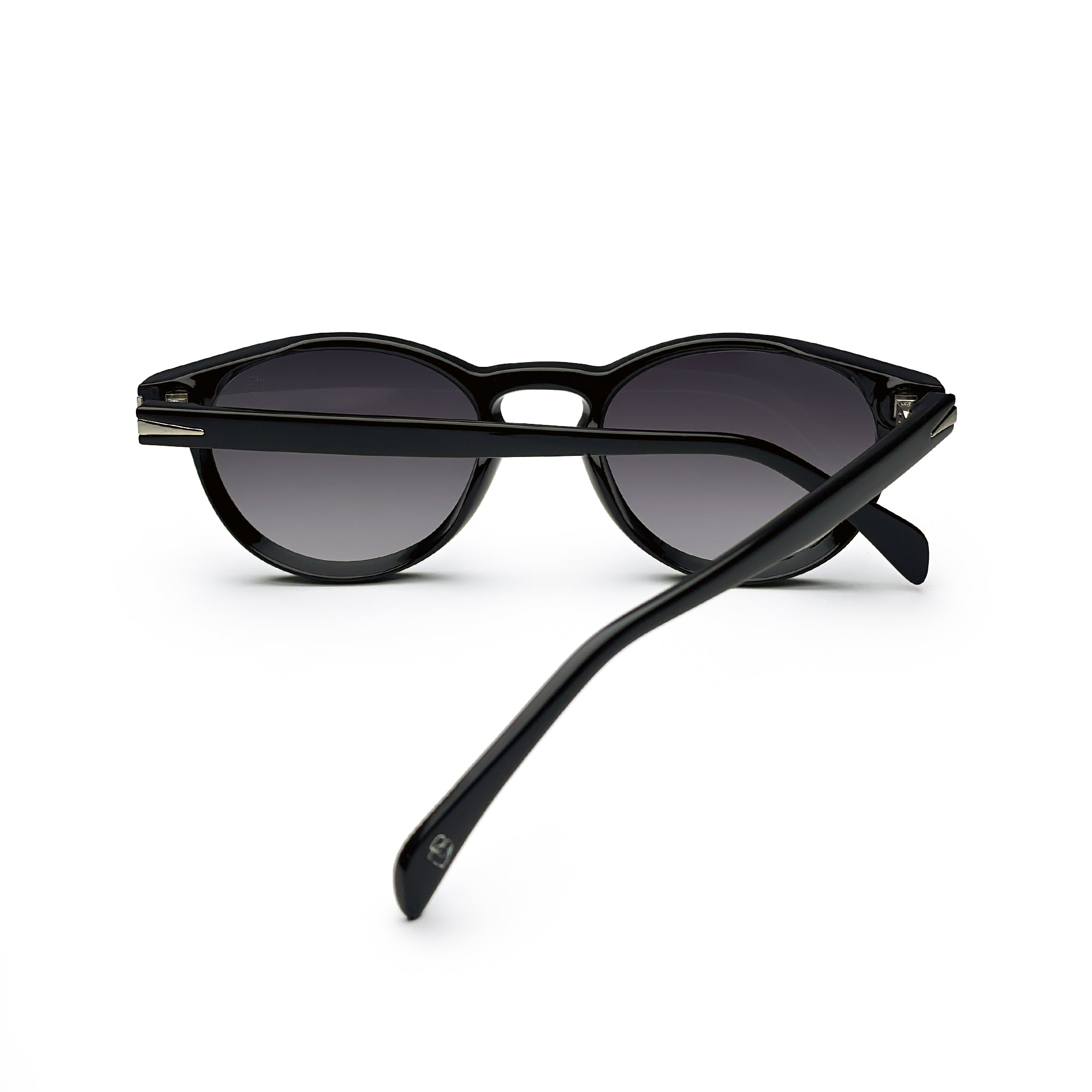 Black round sunglasses with dark gradient lenses, shown from the back on white background