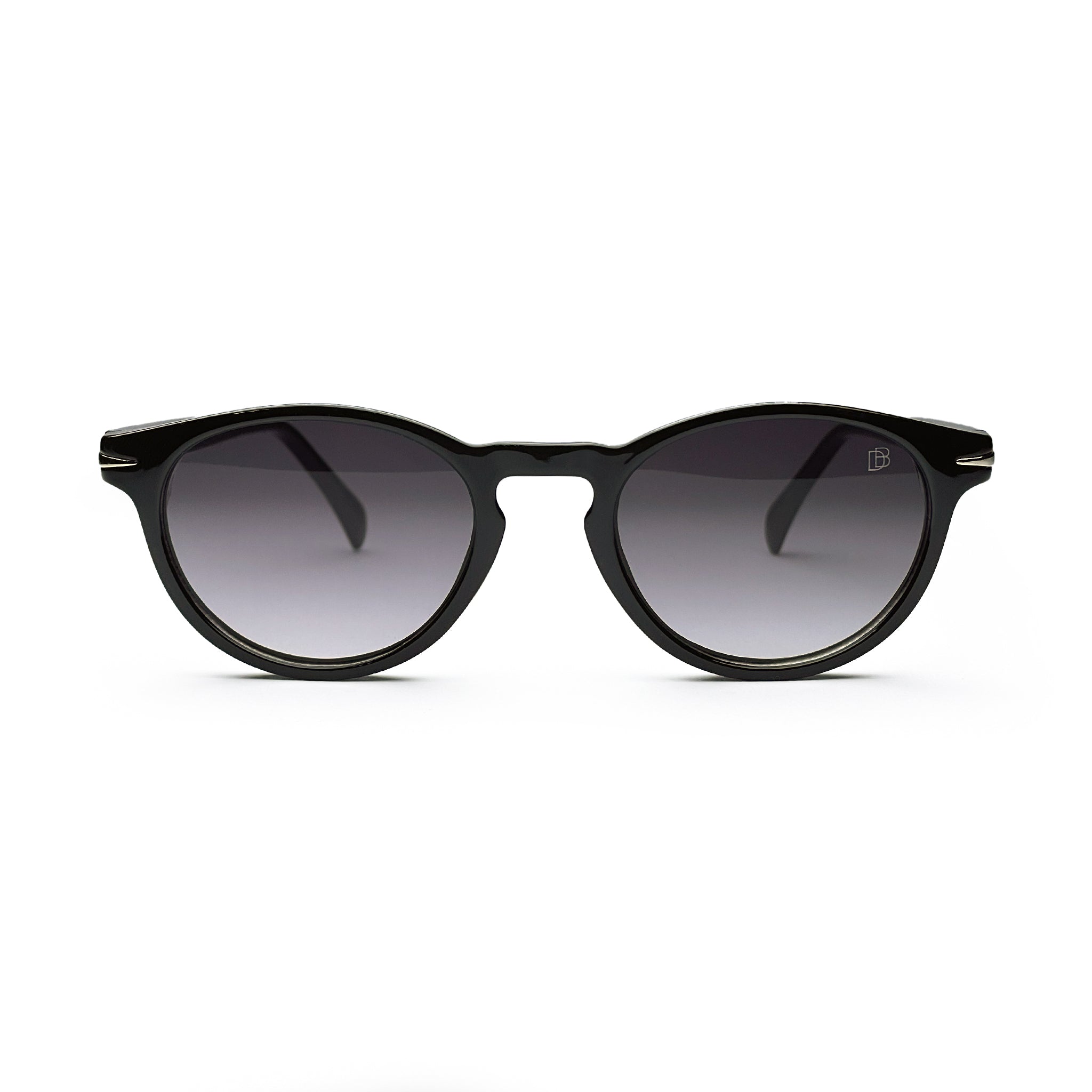 Black round sunglasses with dark gradient lenses on white background